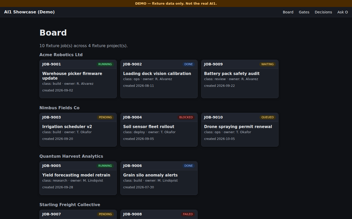 Job board of the AI operations platform showcase, showing cards moving through approval gates.